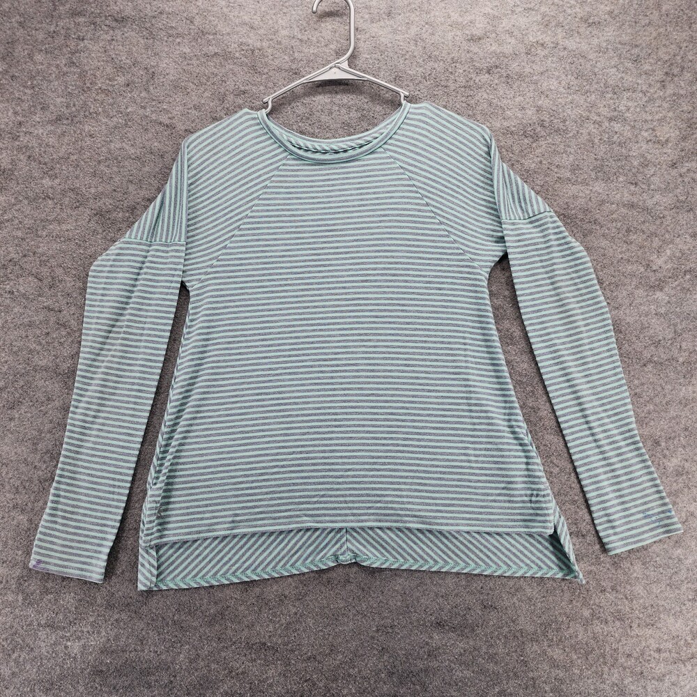Athleta Girl Shirt Large 12 Long Sleeve Green Gray Striped Thumbholes